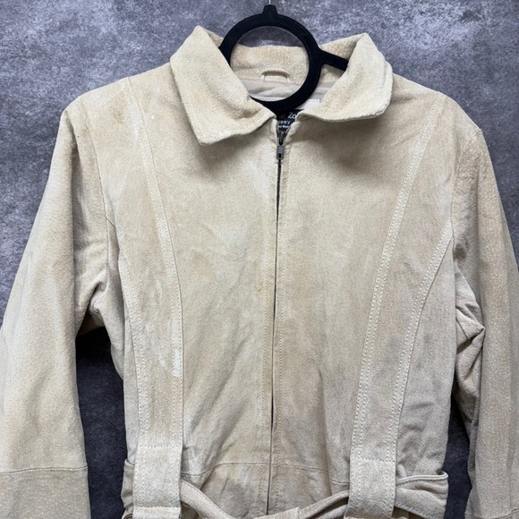 Y2K Neutral Zone Suede Leather Jacket Womens M Tie Belt Beige Utility Neutral - Picture 2 of 16